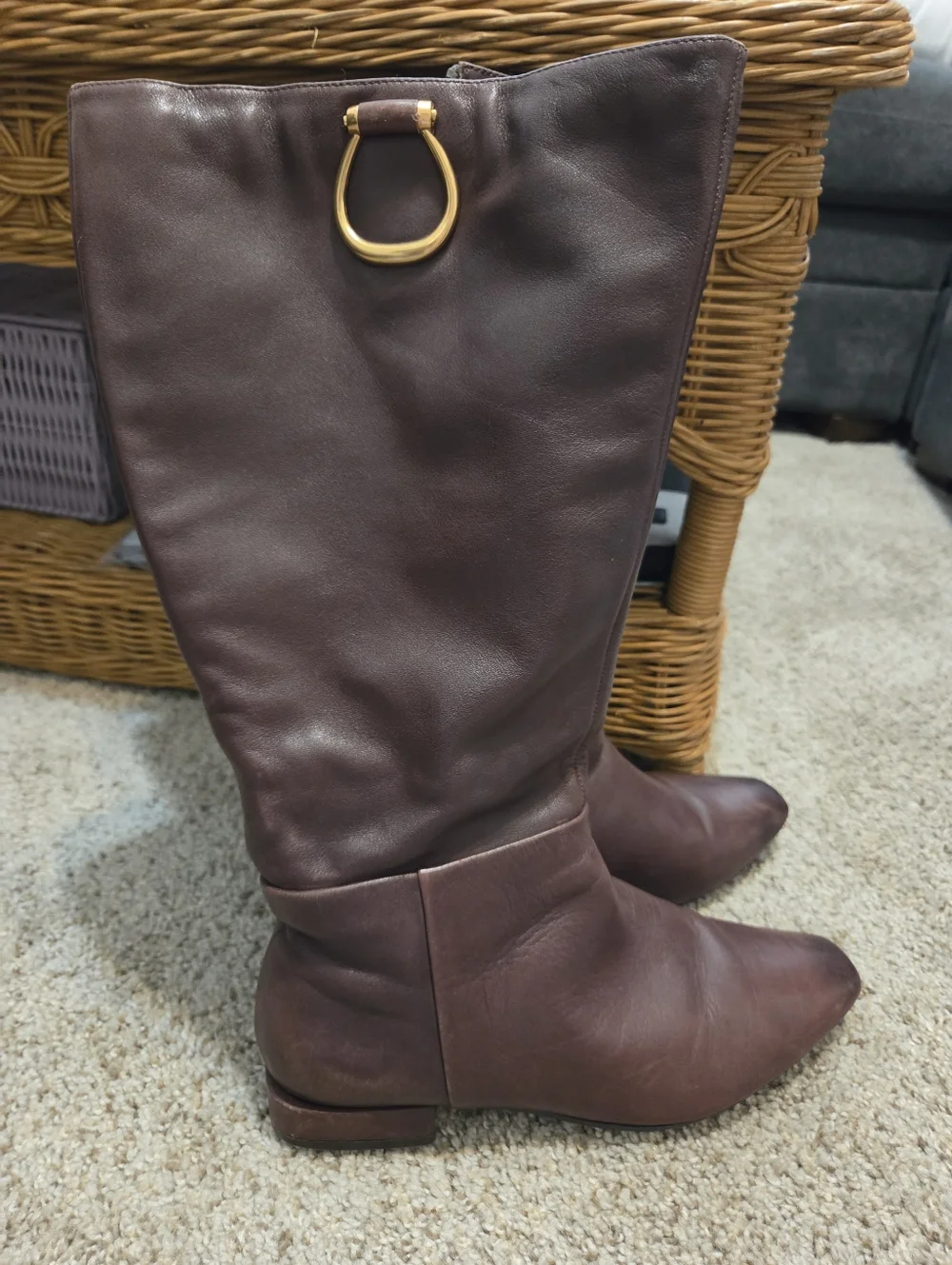 Tall Brown Leather Wide Calf Riding Boots with Gold Ring Accent